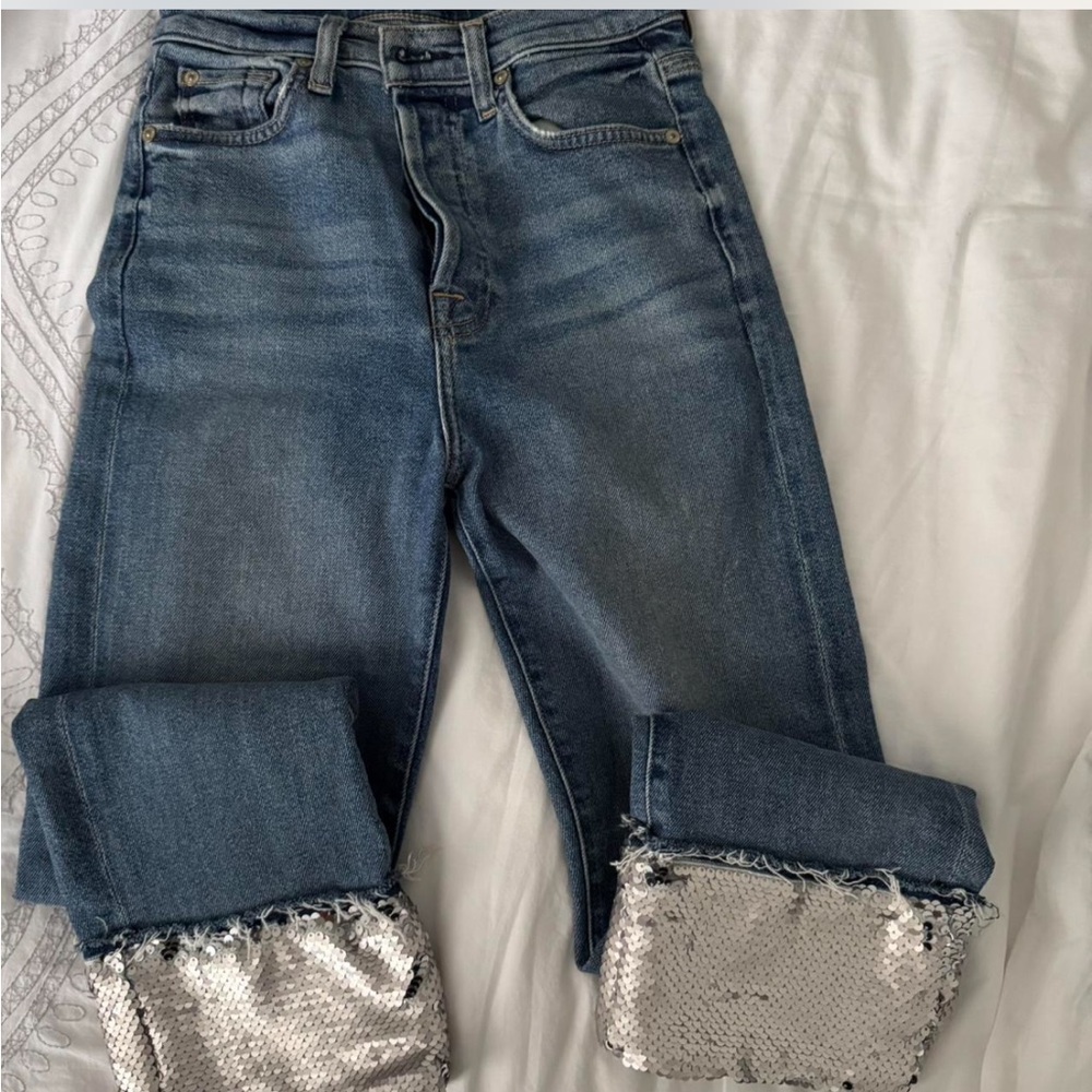 7 For All Mankind Blue Jeans with Silver Sequin Cuffs